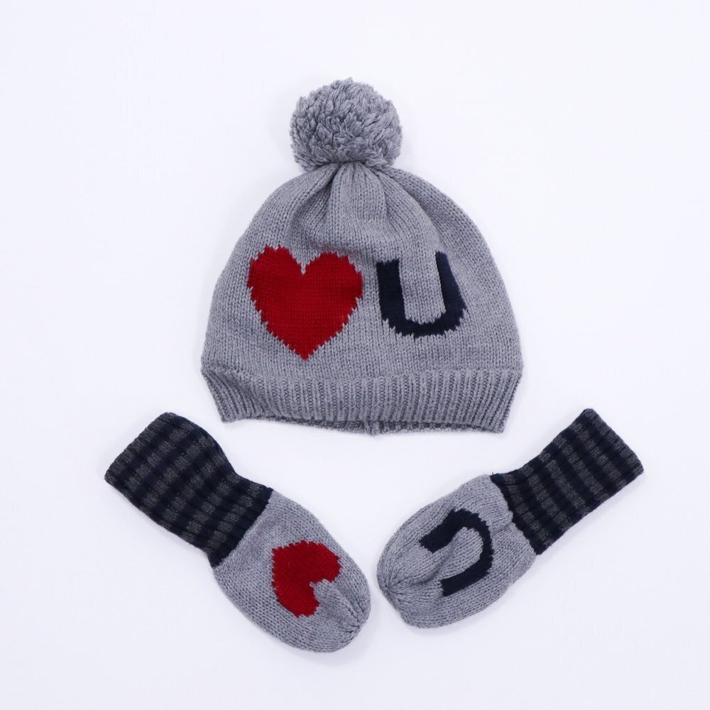 Baby Gap Hat & Gloves Mitten Set 6-12M Gray Red Heart